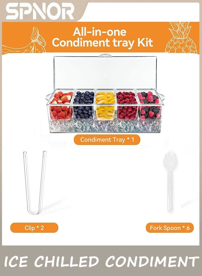 Spnor Ice Chilled Condiment Caddy with 5 Containers, Condiment Server with Separate Lids, Serving Tray Platter with Removable Dishes for Bar Accessories, Fruit, Salad, Taco, Party Garnish - Image 2